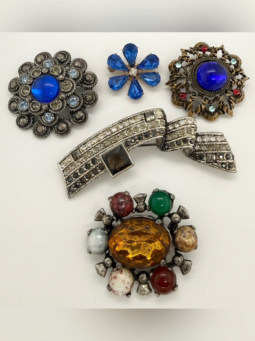 Vintage Estate Brooch lot Multicolor Jelly Belly Rhinestone Crystal Scarf Pin